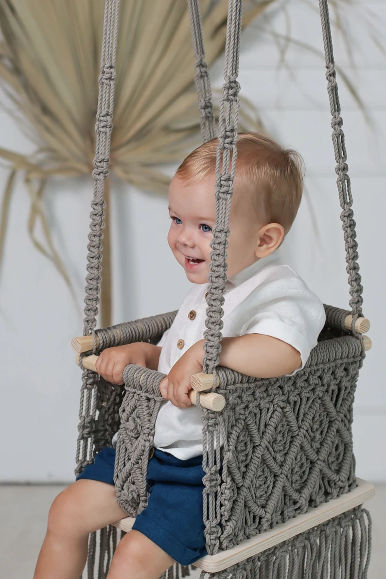 Mkono Baby Swing Hanging Chair Handmade Macrame Cotton Beige Wooden Background Indoor Outdoor Infant Swing Seat,Toddler Hammock Swing,Boho Nursery Decor 