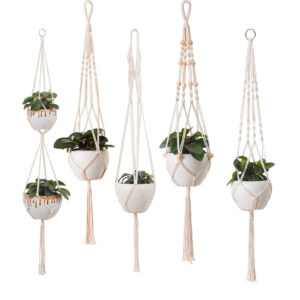 5 piece set macrame plant hanger with hooks crochet boho wall art decor vintage style simple minimalist